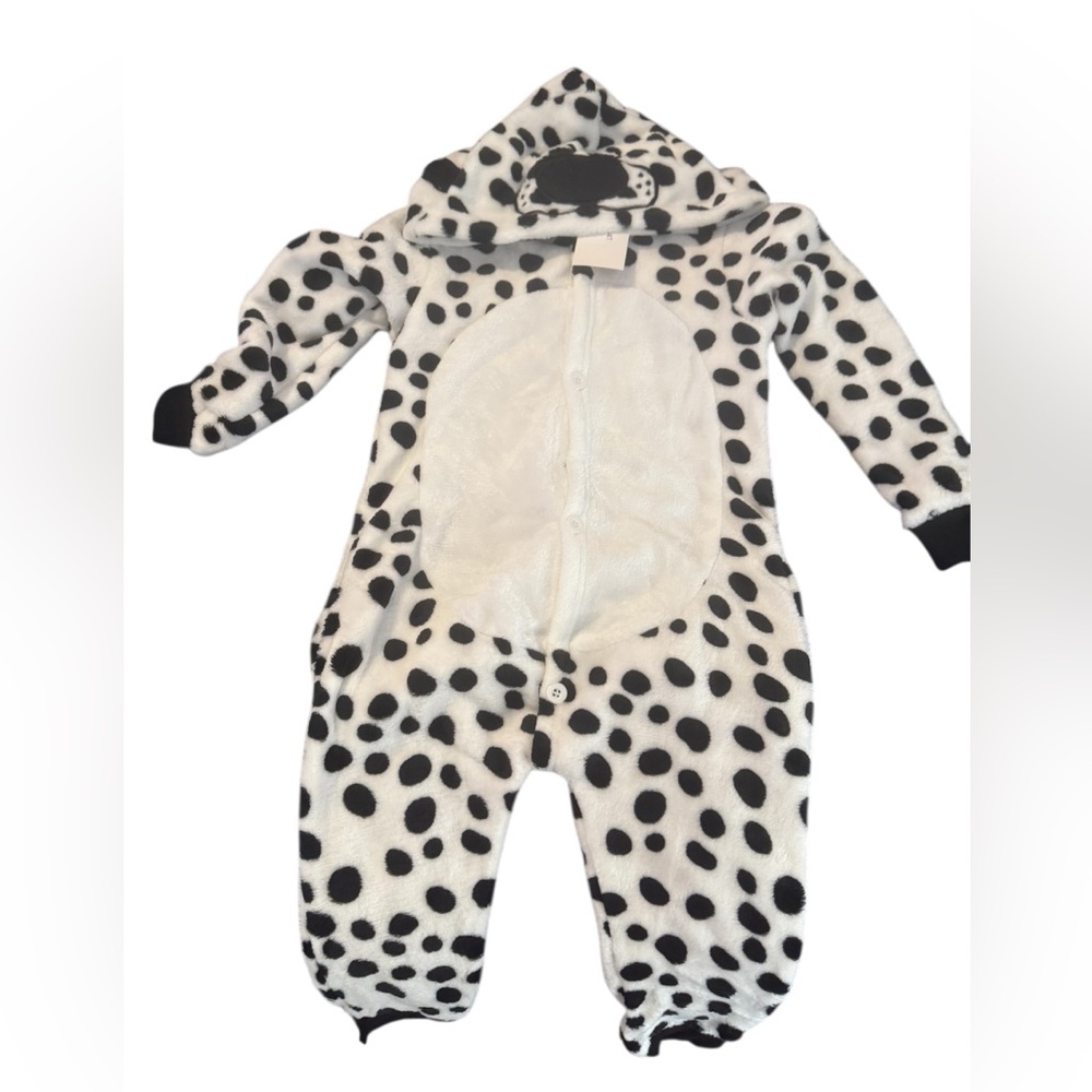 This is a soft fleece infant or toddler Dalmatian costume or onesie.